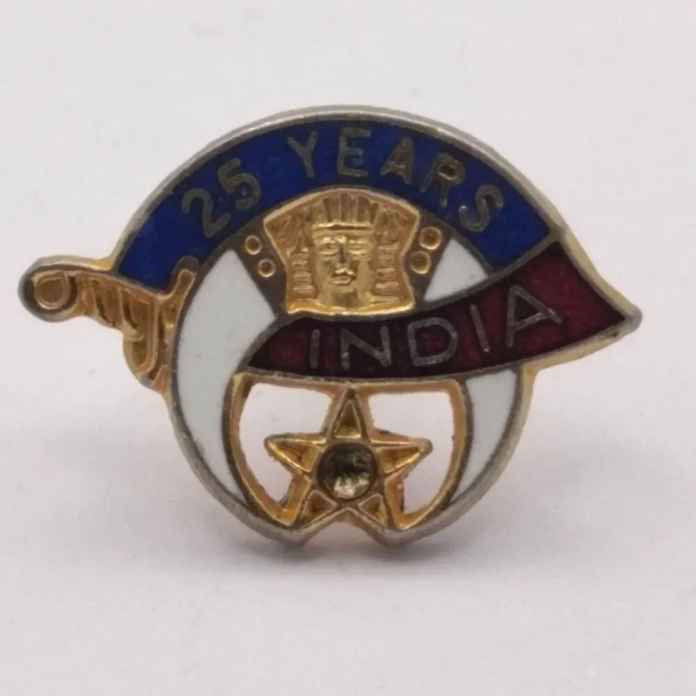 Vintage Shriner Masonic India Temple 25 Year Service Lapel Pin Gold Tone Badge